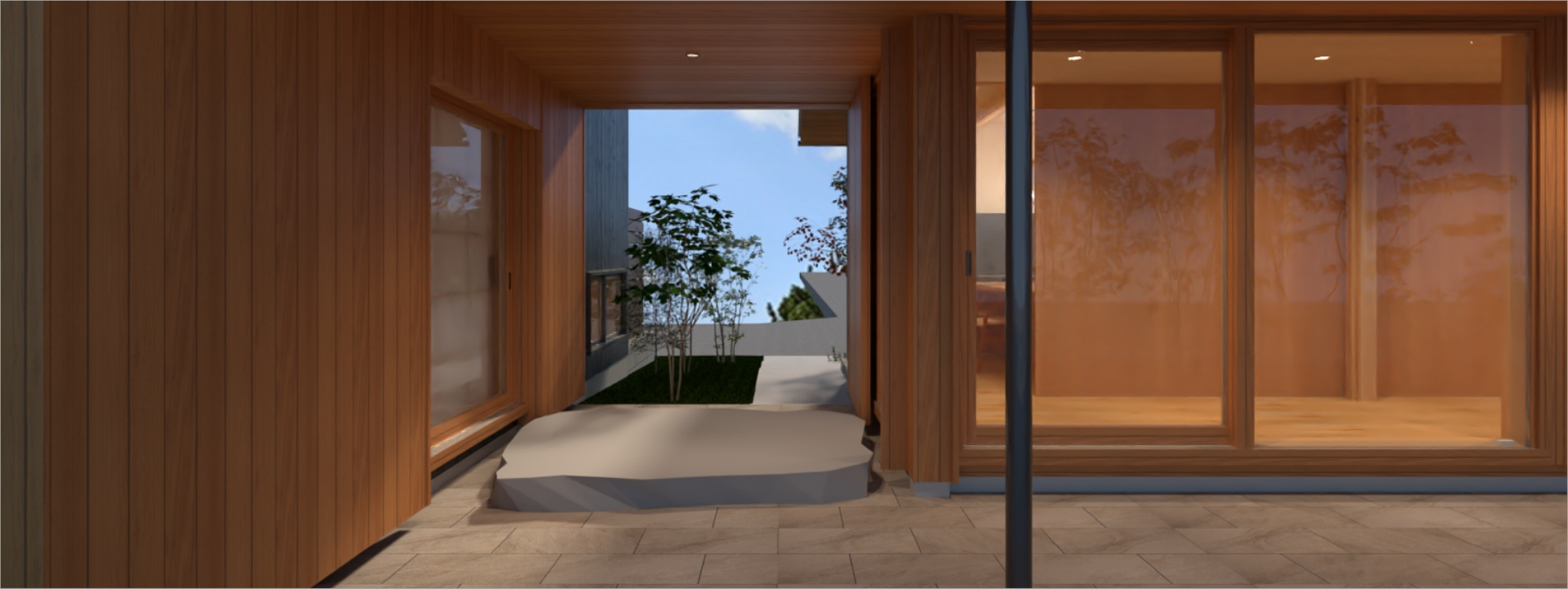 深い軒と「要石」が印象的なタイルテラス  写真