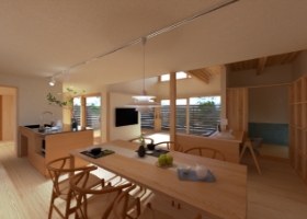 庭に面した大開口とウッドデッキ