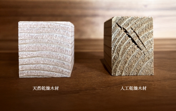 天然乾燥木材と人口乾燥木の写真