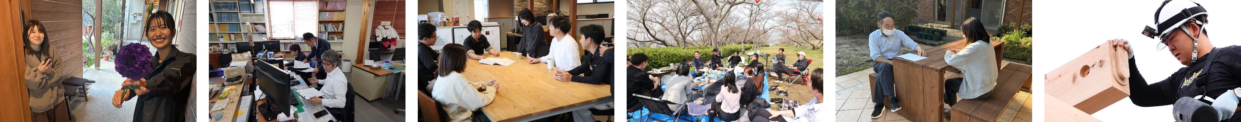 木材加工や設計打合せ、現場確認を行うスタッフの業務風景を横並びで示した写真