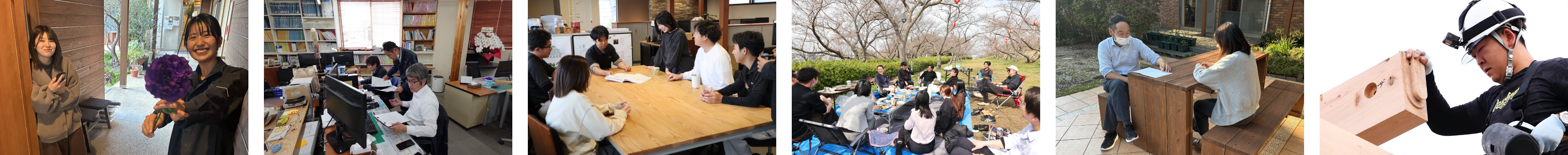 木材加工や設計打合せ、現場確認を行うスタッフの業務風景を横並びで示した写真