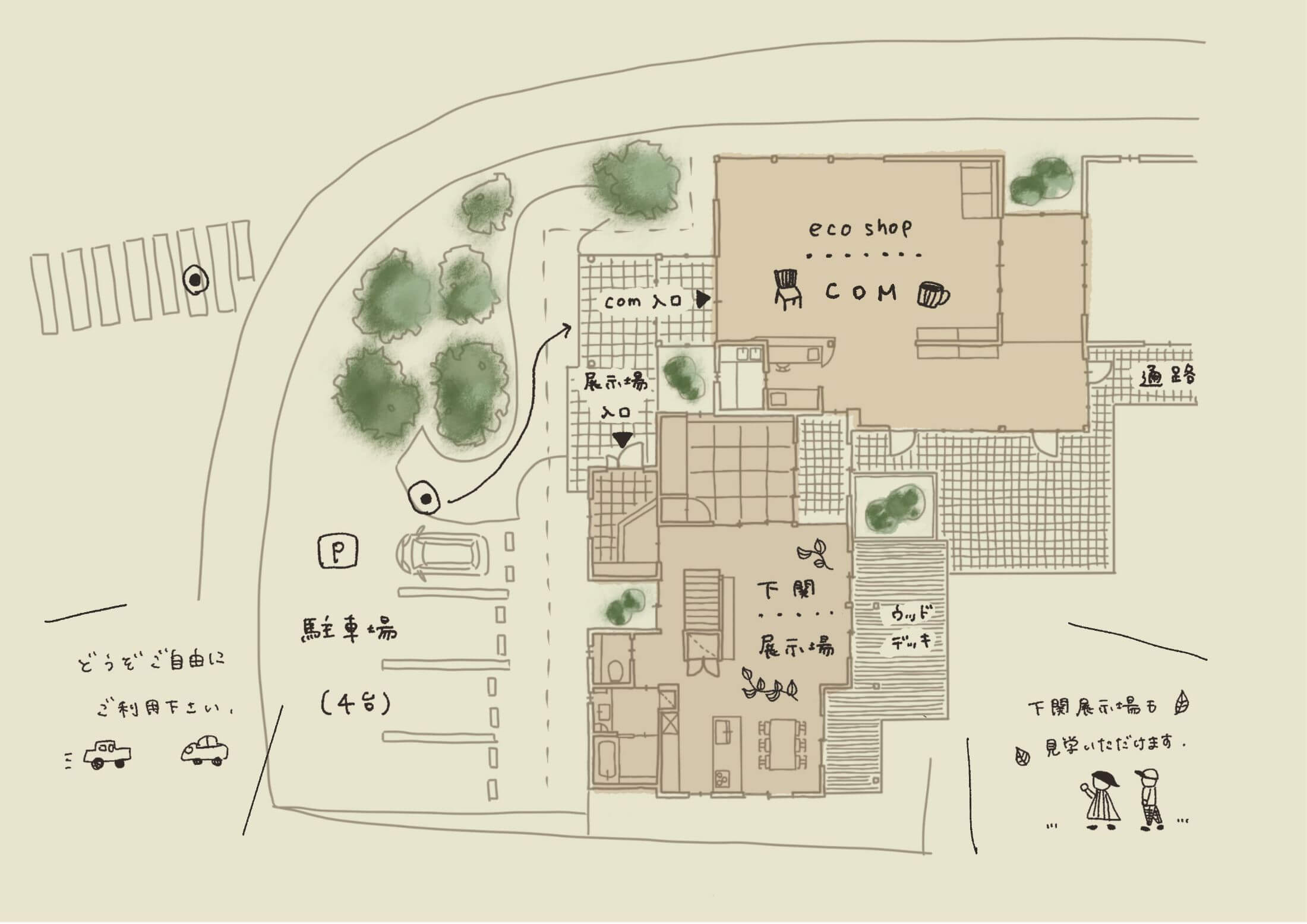 ショップや駐車場、下関展示場の場所を案内している手書きの店舗案内図